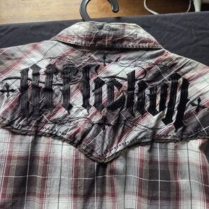 Affliction Mens Red and Black Long Sleeve Plaid Button Down Shirt